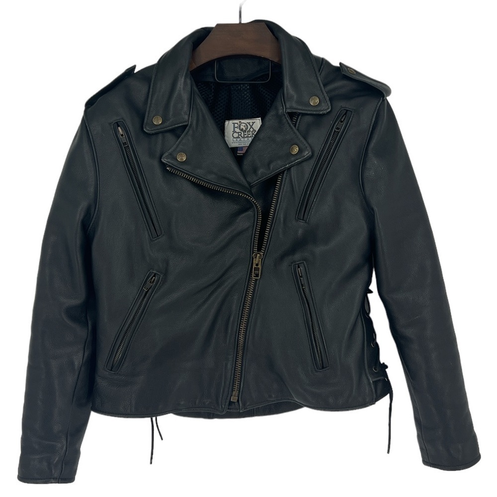 𝅺FOX CREEK Leather Moto Bikercore Gorpcore Motorcycle Jacket SZ Large